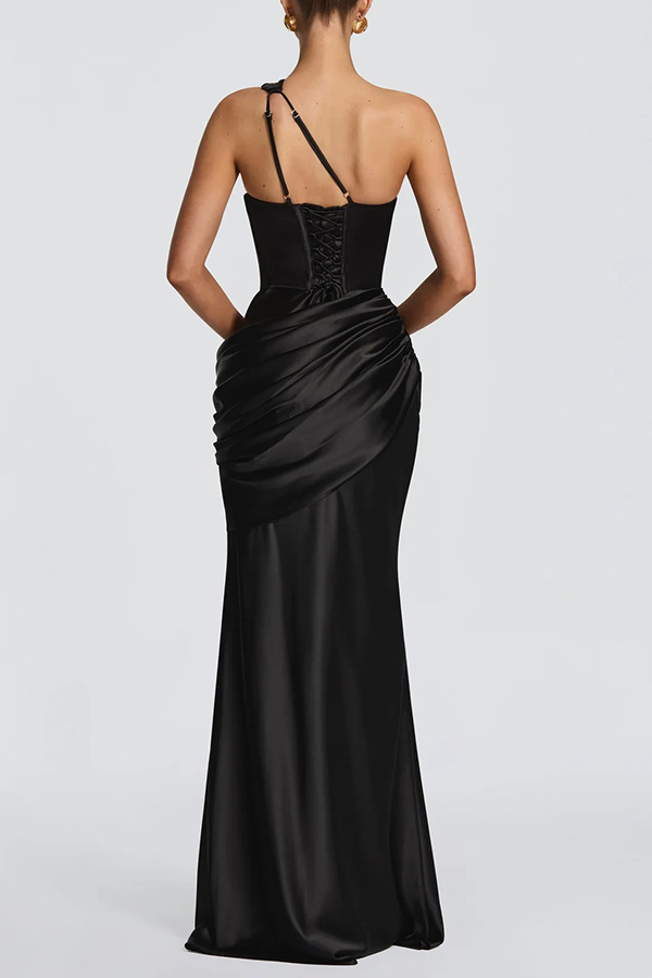 Emina Satin One Shoulder Asymmetrical Neck Cutout Back Lace-up Drape Maxi Dress