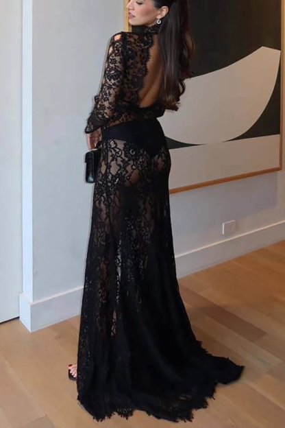 Dark Night Charm Sheer Lace Cutout Long Sleeve Stretch Maxi Dress-consonak