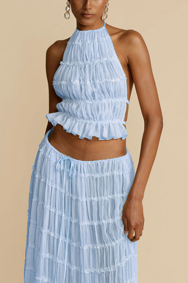 Versatile retro charm pleated drawstring waistline long skirt set | Consonak