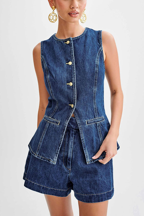 Abel Denim Button Up Princess Seams Pocket Vest Top-consonak