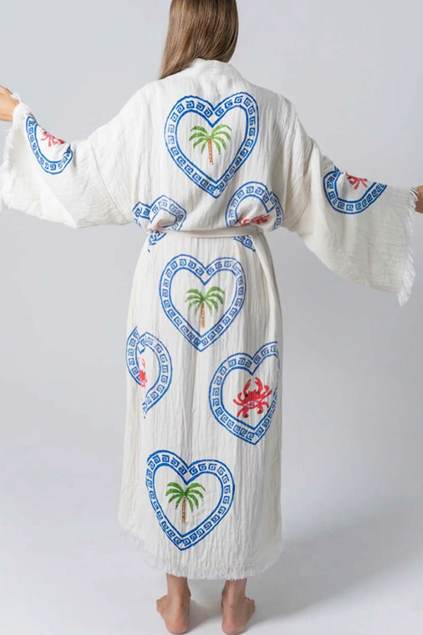 Maia Linen Blend Unique Print Belt Swimwear / Lounge Cover-up Robe-consonak