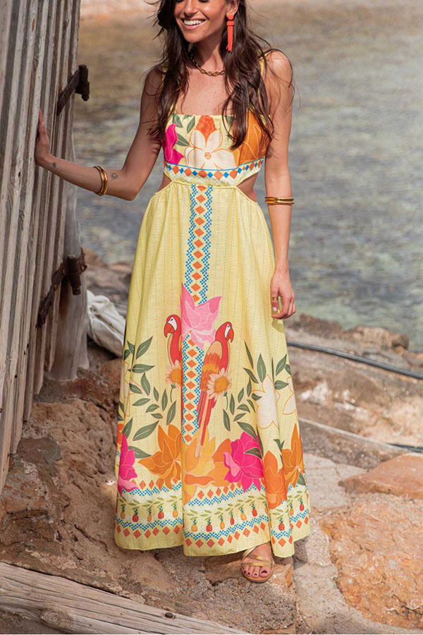 Resort Style Unique Print Sexy Square Neck Backless Waist Maxi Dress-consonak