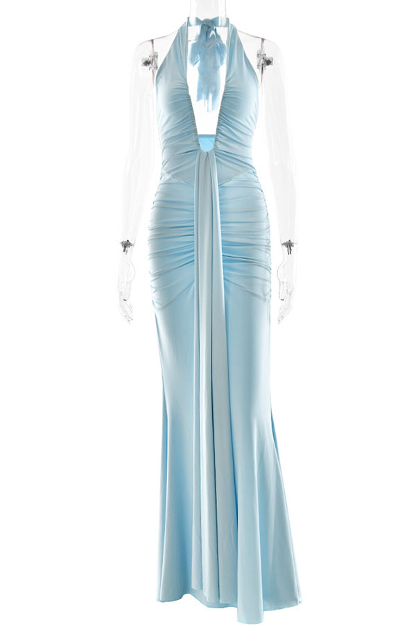 Solid Color Elegant Halterneck V-neck Open Back Tie Gathered Maxi Dress-consonak
