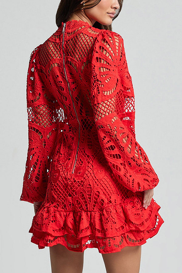 Solid Color Hollow Long-sleeved Waisted Lace Mini Dress-consonak