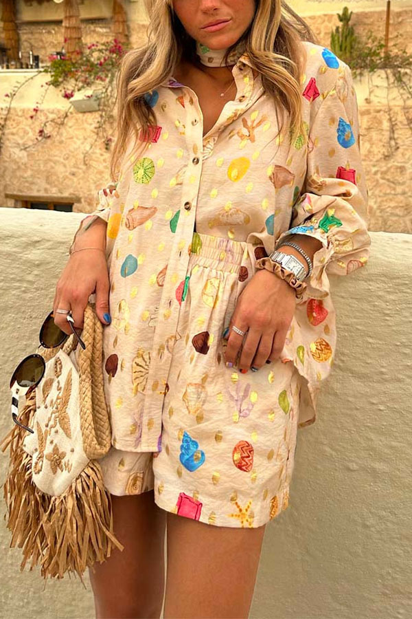 Fashionable Gold Stamping Unique Printing Lapel Long Sleeve Shirt and Elastic Waist Casual Pocket Shorts Set-consonak