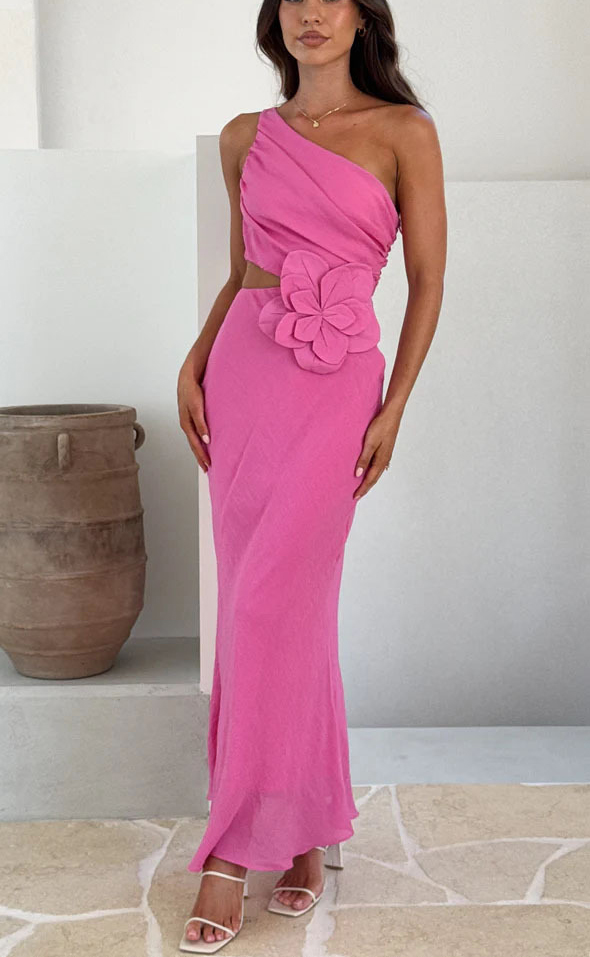 Bloom Summer 3d Flower Ruched One Shoulder Cutout Maxi Dress-consonak