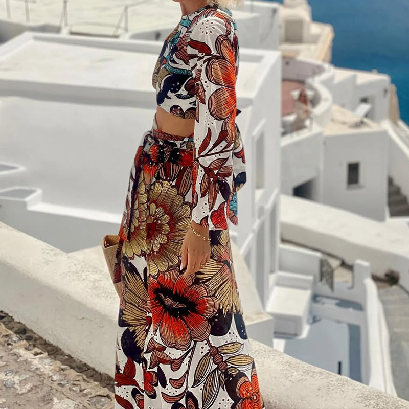 Hollow lace unique printed bell shaped sleeve crop top and lace up long skirt set-consonak