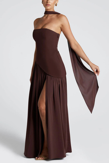 consonak Strapless Back Lace-up High Slit Splice Maxi Dress-consonak