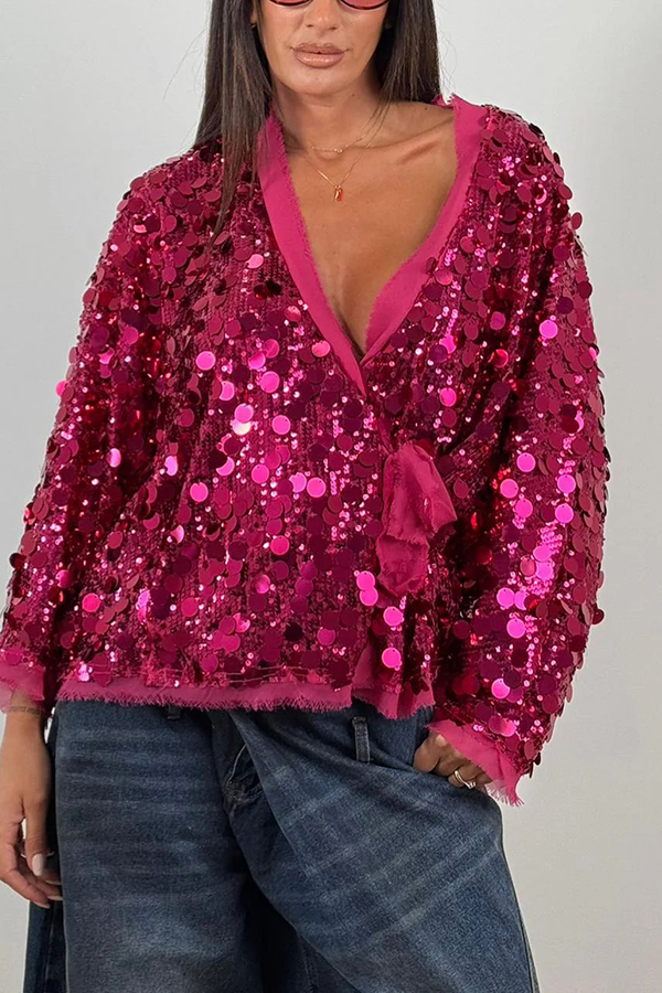 Fashion Sequined Long-sleeved V-neck Loose Lace-up Cardigan-consonak