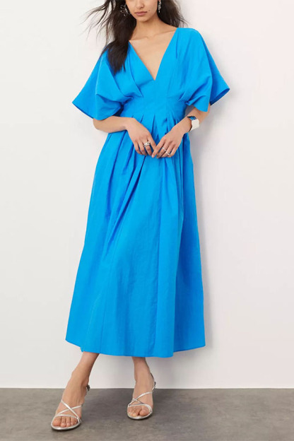 Antibes Linen Blend Princess Line Pleated Wide Puff Sleeve Midi Dress-consonak