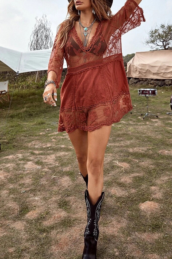 Lace V Neck Hollow Short Sleeved Cover Up-consonak