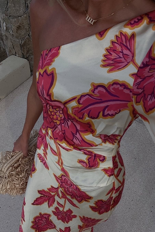 Rhia Satin Floral Print One Shoulder Flared Maxi Dress | Consonak