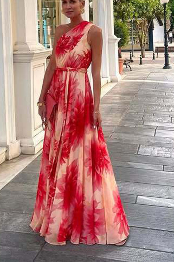 Floral Print One Shoulder Waist Tie Full Hem Resort Style Maxi Dress-consonak