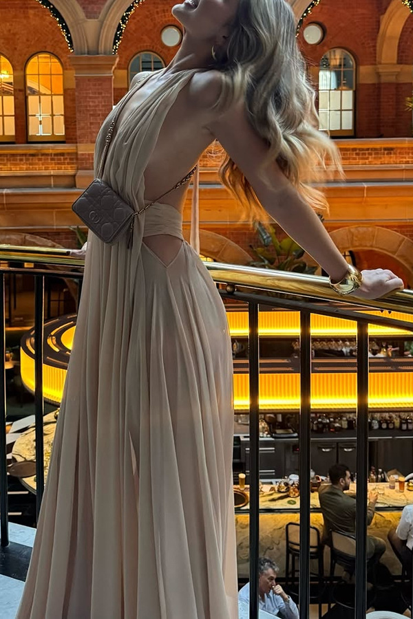 Ethereal Moment Tulle Cutout Ruched Waist Backless Halter Maxi Dress-consonak