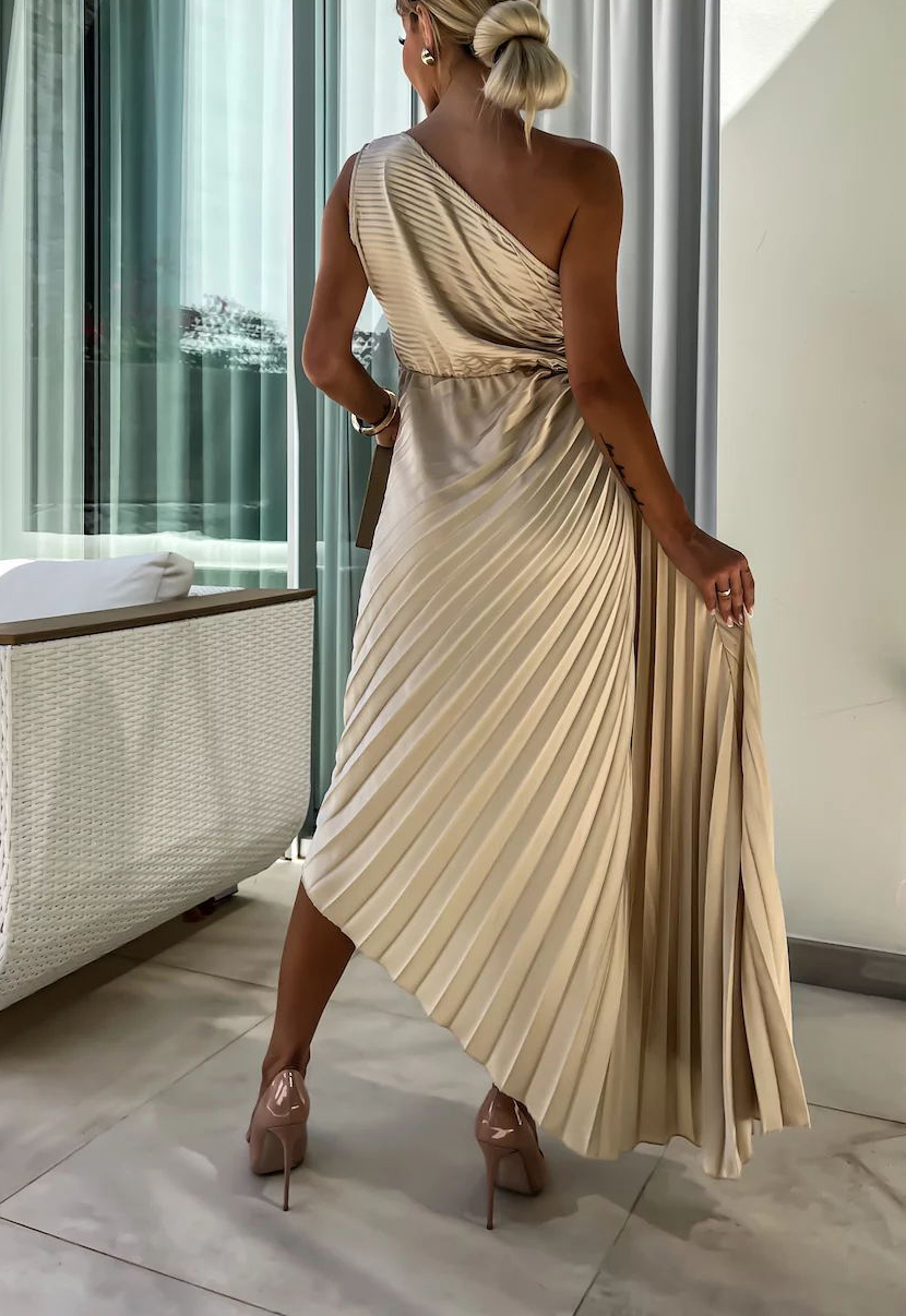 Romantic Nights Satin Raised Flower Elastic Cutout One Shoulder Pleated Maxi Dress-consonak