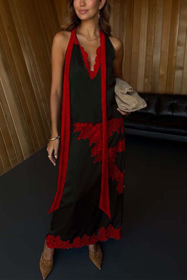 Sunday Social Contrast Color Satin Lace Trim Mid Rise Maxi Skirt-consonak