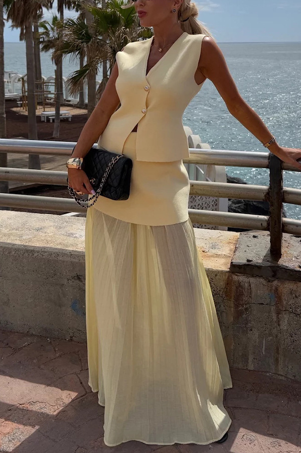 Stylish and Elegant Knit Spliced Tulle Elastic Waist Pleated Maxi Skirt-consonak