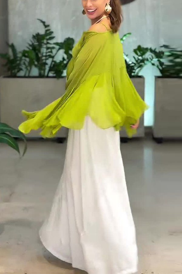 Romantic Journey Chiffon Ruffle Batwing Sleeve Top and Elastic Waist Pocket Loose Pants Set-consonak