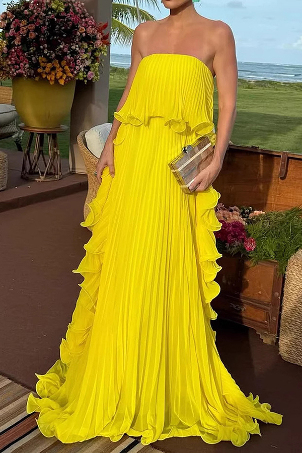 Reina Chiffon Pleated Wavy Ruffles Trim Strapless Loose Maxi Dress-consonak
