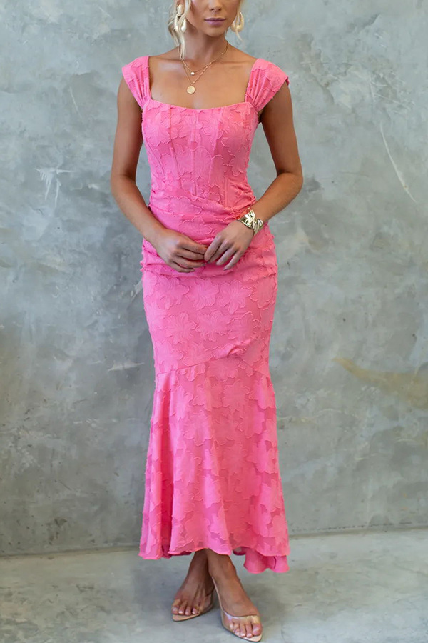 Unreal Beauty Floral Textured Material Ruched Fishtail Maxi Dress-consonak