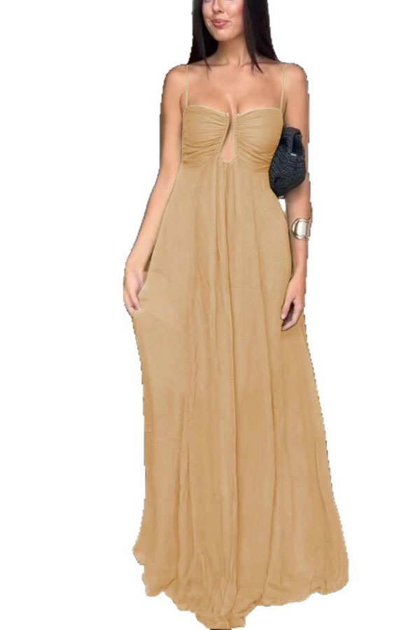 Soft and Elegant Metal Hollow Design Back Smocked A-line Slip Maxi Dress-consonak