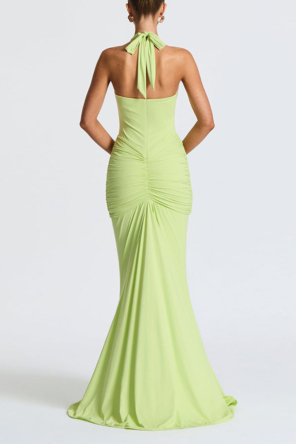 Solid Color Elegant Halterneck V-neck Open Back Tie Gathered Maxi Dress-consonak