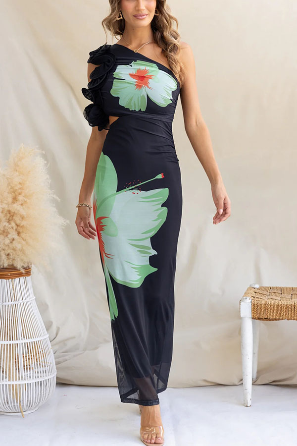 Floral Print One-shoulder Fitted Mesh Maxi Dress-consonak