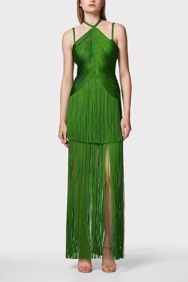 Sexy Halterneck Open Back Elegant Tassel Slim Maxi Dress-consonak