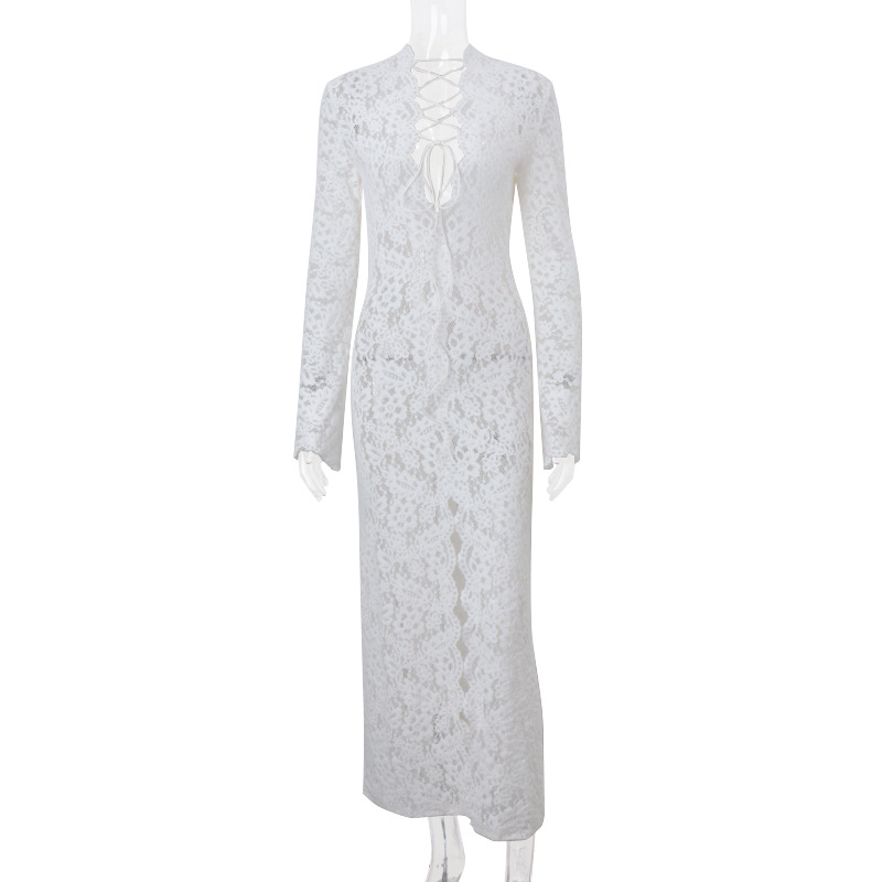 Garcelle Floral Lace Lace-up Long Bell Sleeve Slit Midi Dress-consonak