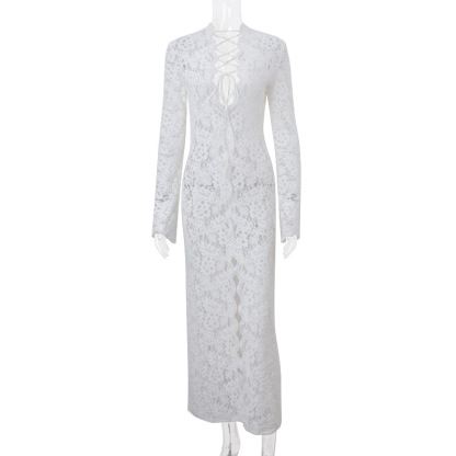 Garcelle Floral Lace Lace-up Long Bell Sleeve Slit Midi Dress-consonak