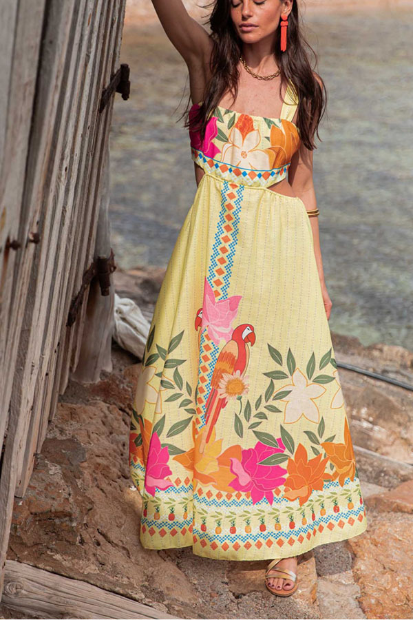 Resort Style Unique Print Sexy Square Neck Backless Waist Maxi Dress-consonak