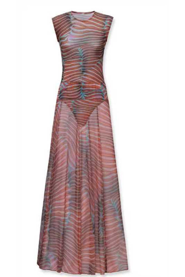 Bella Stretch Mesh Unique Print Bodysuit and High Rise Elastic Waist Maxi Skirt Set-consonak