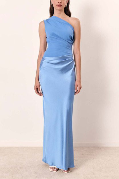 Kaia Satin Contrast Fabric Patchwork One Shoulder Ruched Maxi Dress-consonak