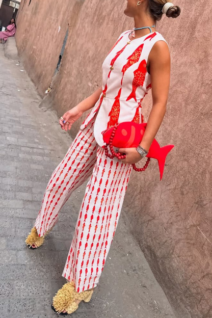 Good Luck Linen Blend Koi Pattern High Rise Elastic Waist Loose Pants-consonak