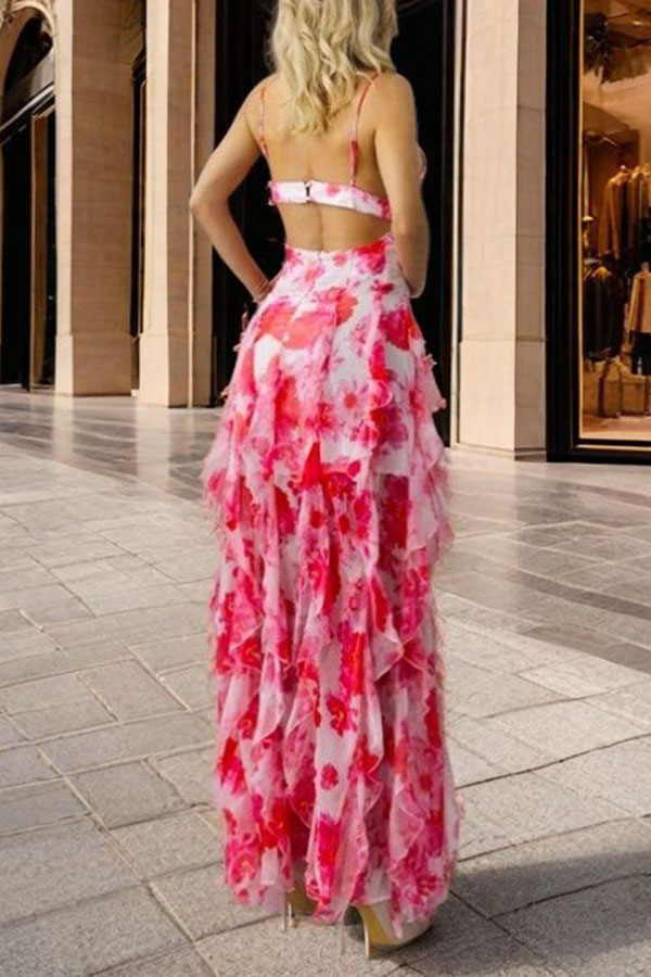 Millie | Floral Ruffle Long Skirt Women's Fashion Chiffon Printed Fairy Style Long Style Evening Dress Coupon-consonak