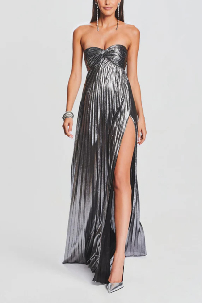 Metallic Sexy Tube Top Pleated High Slit Maxi Dress-consonak