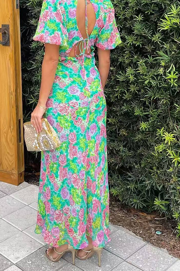 Floral Print V-neck Puff Sleeve Open-back Maxi Dress-consonak