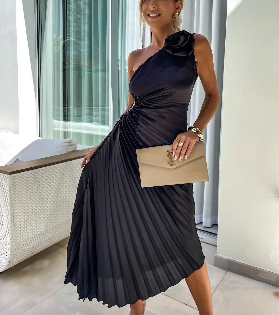 Romantic Nights Satin Raised Flower Elastic Cutout One Shoulder Pleated Maxi Dress-consonak