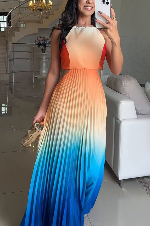 Fashionable Backless Tie Elegant Gradient Pleated Maxi Dress | Consonak