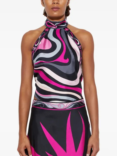 Satin Unique Print Halter Top and Irregular Midi Skirt Set-consonak