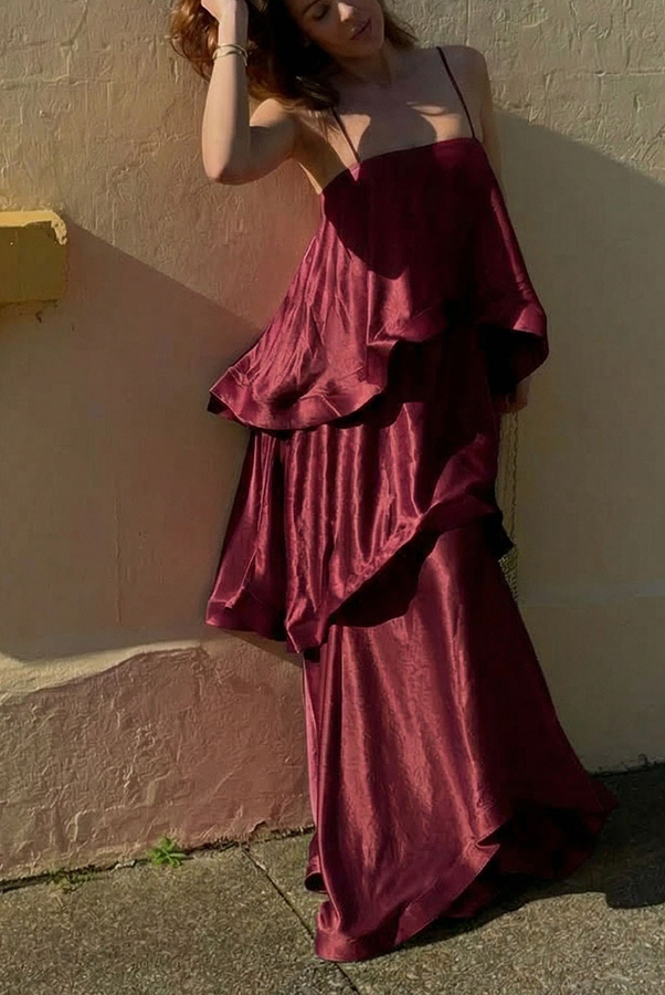 Soft and Smooth Satin Tiered Slip Square Neck A-line Maxi Dress | Consonak