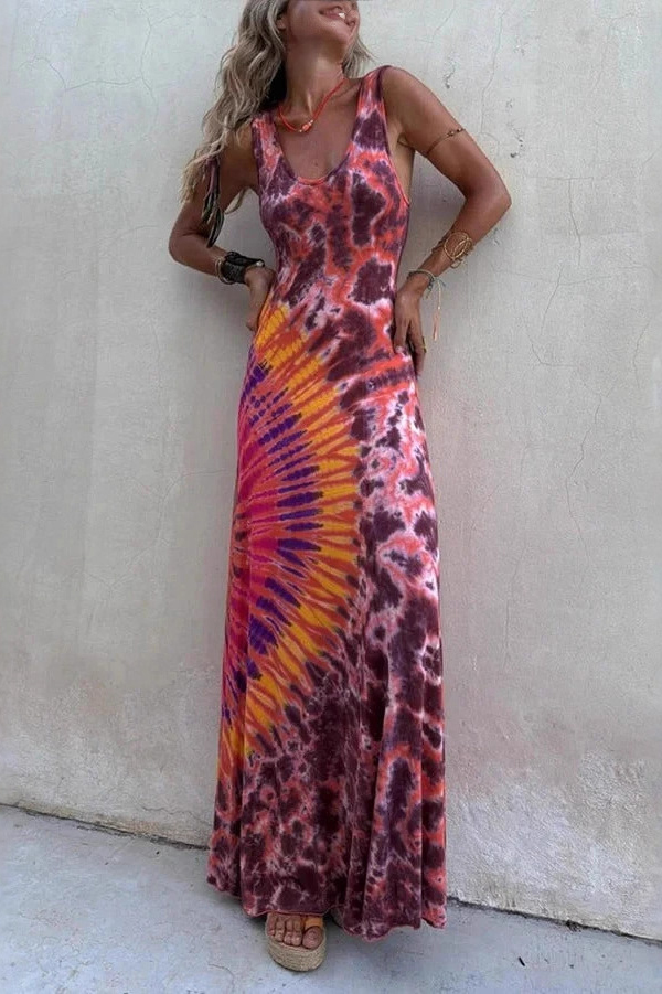 Boho Happiness Tie-dye Print Back Lace-up Stretch Maxi Dress-consonak