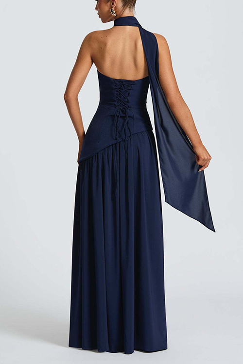 consonak Strapless Back Lace-up High Slit Splice Maxi Dress-consonak