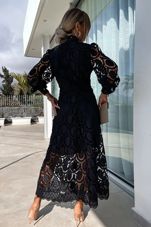 French party sensual party elegant crochet lace lantern sleeves party MIDI skirt  | Consonak