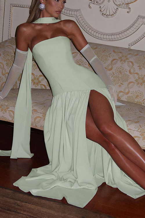 consonak Strapless Back Lace-up High Slit Splice Maxi Dress-consonak