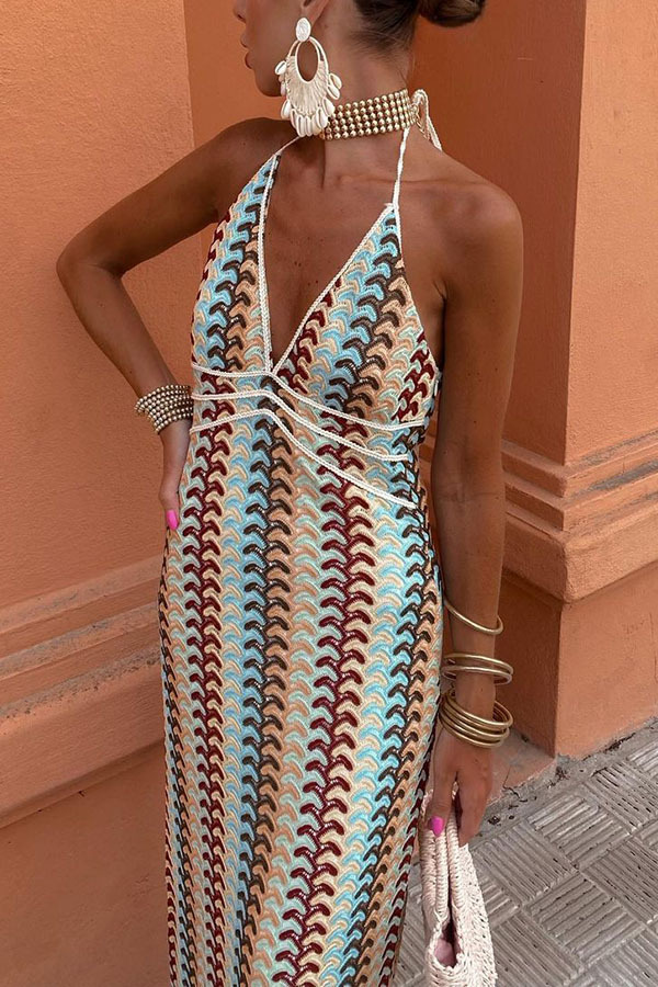 Playful Colorful Knit Holiday Style Halter Neck Maxi Dress-consonak
