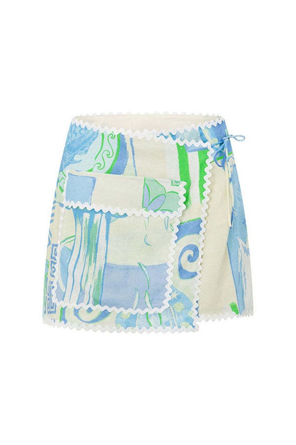 Pierre Linen Blend Ric Rac Trims Unique Print Short Sleeve Shirt and Wrap Tie-up Mini Skirt Set-consonak