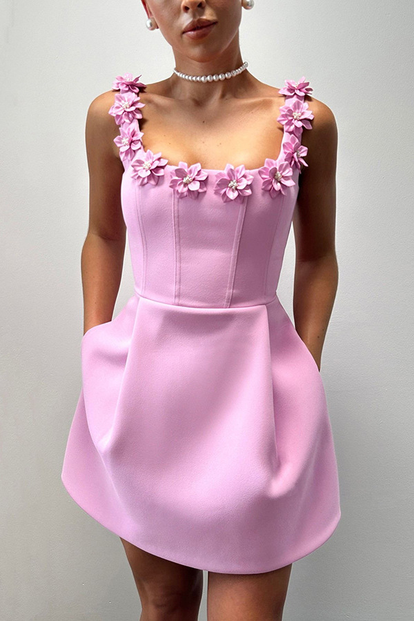 Party outfit, pearl flower decal, square strapless, sexy collar, pocket, elegant mini dress-Consonak