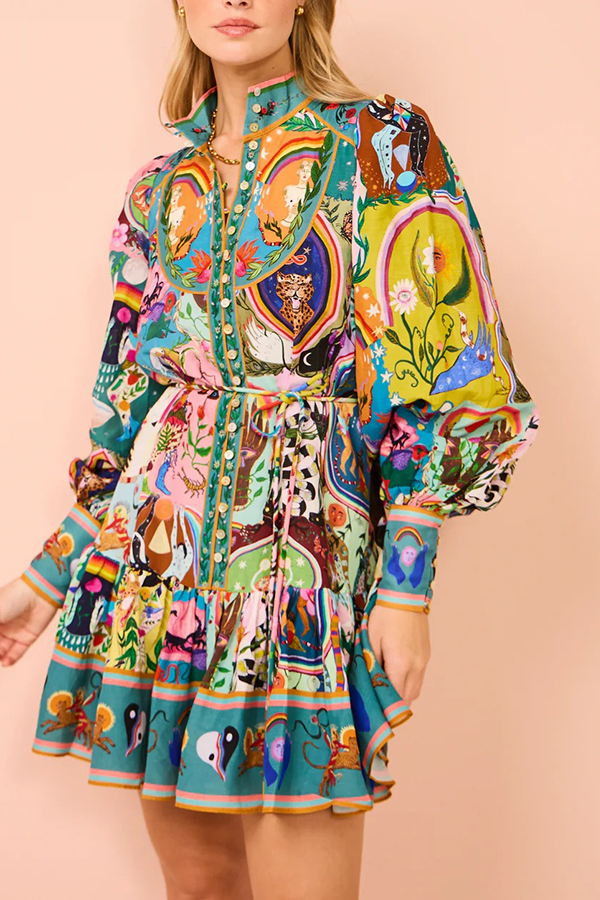 Touch of Luxury Unique Print Balloon Sleeve Button Shirt Mini Dress-consonak