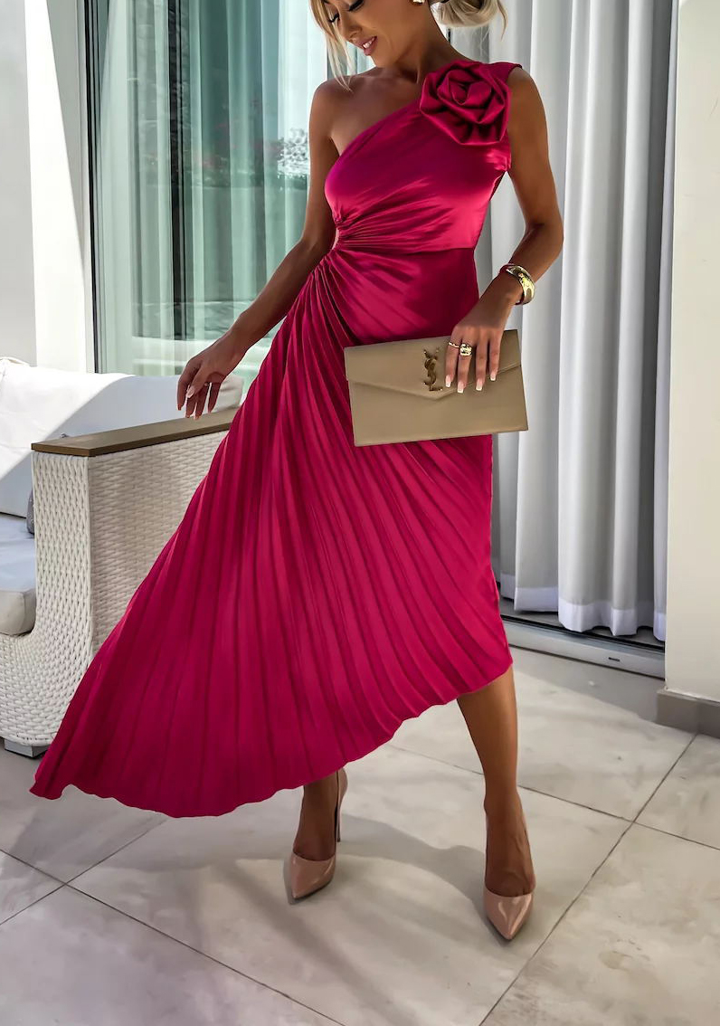 Romantic Nights Satin Raised Flower Elastic Cutout One Shoulder Pleated Maxi Dress-consonak